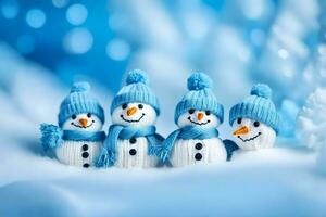 snowmen in blue hats and scarves. AI-Generated photo