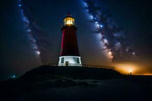 a lighthouse is lit up by the milky way. AI-Generated photo