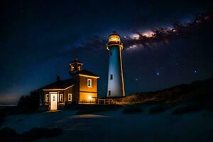 el faro a noche con el lechoso en el cielo. generado por ai foto