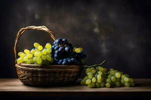grapes in a basket on a table. AI-Generated photo