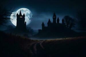 a castle in the dark with a full moon. AI-Generated photo