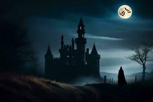 a castle in the dark with a full moon. AI-Generated photo