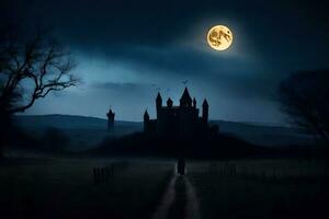 un castillo en el oscuro con un lleno Luna. generado por ai foto