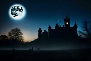 a castle in the night with a full moon. AI-Generated photo