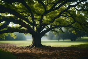 un grande árbol en el medio de un campo. generado por ai foto