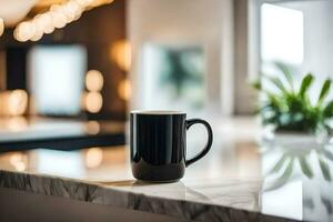 a black coffee cup sitting on a counter top. AI-Generated photo