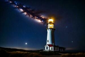 a lighthouse with a bright light shining in the sky. AI-Generated photo