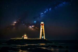 a lighthouse with stars in the sky and a light shining on it. AI-Generated photo