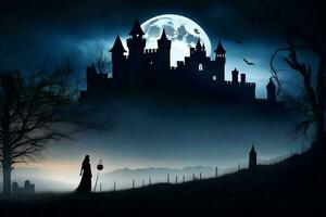 halloween castle with a full moon in the background. AI-Generated photo