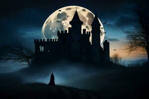 a castle in the night with a full moon. AI-Generated photo