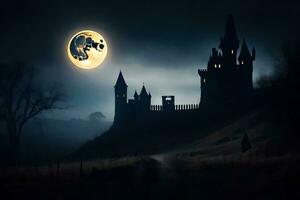 halloween castle in the dark with a full moon. AI-Generated photo