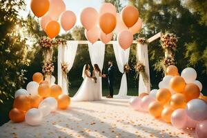 wedding couple in the garden with orange and white balloons. AI-Generated photo