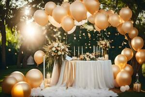 wedding table with gold balloons and flowers. AI-Generated photo