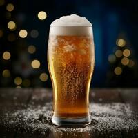 A glass of cold fresh beer with cap of foam. Splash of foam with tasty american beer. Beer day concept by AI Generated photo