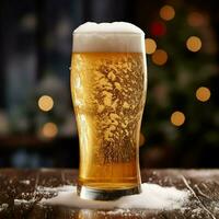 A glass of cold fresh beer with cap of foam. Splash of foam with tasty american beer. Beer day concept by AI Generated photo