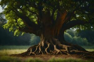 un grande árbol con raíces en el medio de un campo. generado por ai foto