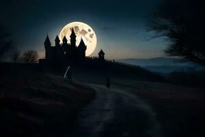 a full moon is shining over a castle in the dark. AI-Generated photo