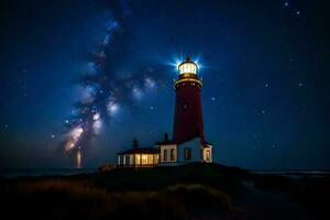 a lighthouse with stars above it and the milky. AI-Generated photo