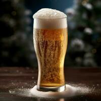 A glass of cold fresh beer with cap of foam. Splash of foam with tasty american beer. Beer day concept by AI Generated photo