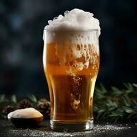 A glass of cold fresh beer with cap of foam. Splash of foam with tasty american beer. Beer day concept by AI Generated photo