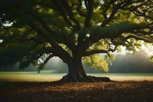 un grande árbol en el medio de un campo. generado por ai foto