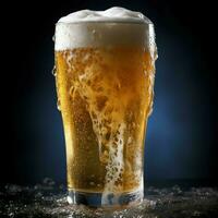 A glass of cold fresh beer with cap of foam. Splash of foam with tasty american beer. Beer day concept by AI Generated photo