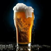 A glass of cold fresh beer with cap of foam. Splash of foam with tasty american beer. Beer day concept by AI Generated photo