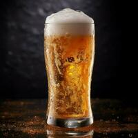 A glass of cold fresh beer with cap of foam. Splash of foam with tasty american beer. Beer day concept by AI Generated photo