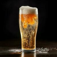 A glass of cold fresh beer with cap of foam. Splash of foam with tasty american beer. Beer day concept by AI Generated photo