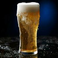 A glass of cold fresh beer with cap of foam. Splash of foam with tasty american beer. Beer day concept by AI Generated photo