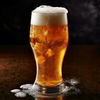 A glass of cold fresh beer with cap of foam. Splash of foam with tasty american beer. Beer day concept by AI Generated photo