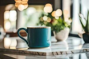 a blue mug on a marble countertop. AI-Generated photo