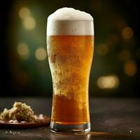 A glass of cold fresh beer with cap of foam. Splash of foam with tasty american beer. Beer day concept by AI Generated photo