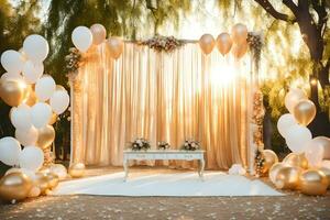 un Boda ceremonia con globos y oro cortinas generado por ai foto