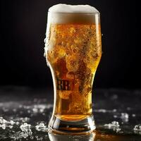 A glass of cold fresh beer with cap of foam. Splash of foam with tasty american beer. Beer day concept by AI Generated photo