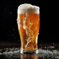 A glass of cold fresh beer with cap of foam. Splash of foam with tasty american beer. Beer day concept by AI Generated photo