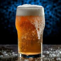 A glass of cold fresh beer with cap of foam. Splash of foam with tasty american beer. Beer day concept by AI Generated photo