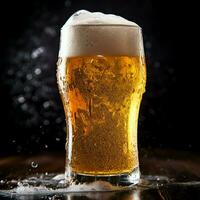 A glass of cold fresh beer with cap of foam. Splash of foam with tasty american beer. Beer day concept by AI Generated photo