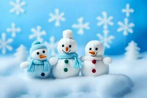 three snowmen in blue and white clothing. AI-Generated photo