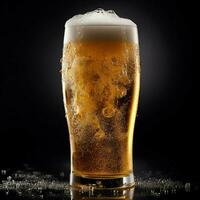 A glass of cold fresh beer with cap of foam. Splash of foam with tasty american beer. Beer day concept by AI Generated photo