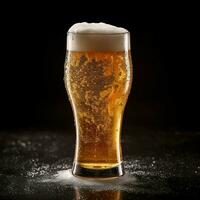 A glass of cold fresh beer with cap of foam. Splash of foam with tasty american beer. Beer day concept by AI Generated photo