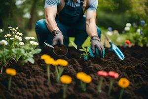 a man is kneeling in the dirt with gardening tools. AI-Generated photo