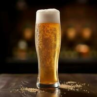 A glass of cold fresh beer with cap of foam. Splash of foam with tasty american beer. Beer day concept by AI Generated photo