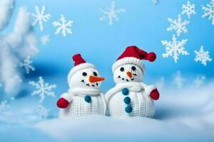 two snowmen are sitting on a blue background. AI-Generated photo