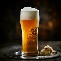 A glass of cold fresh beer with cap of foam. Splash of foam with tasty american beer. Beer day concept by AI Generated photo