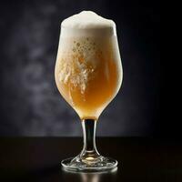 A glass of cold fresh beer with cap of foam. Splash of foam with tasty american beer. Beer day concept by AI Generated photo