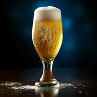 A glass of cold fresh beer with cap of foam. Splash of foam with tasty american beer. Beer day concept by AI Generated photo