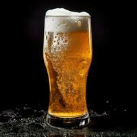 A glass of cold fresh beer with cap of foam. Splash of foam with tasty american beer. Beer day concept by AI Generated photo