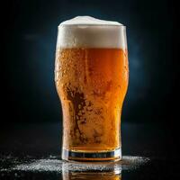 A glass of cold fresh beer with cap of foam. Splash of foam with tasty american beer. Beer day concept by AI Generated photo