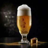 A glass of cold fresh beer with cap of foam. Splash of foam with tasty american beer. Beer day concept by AI Generated photo